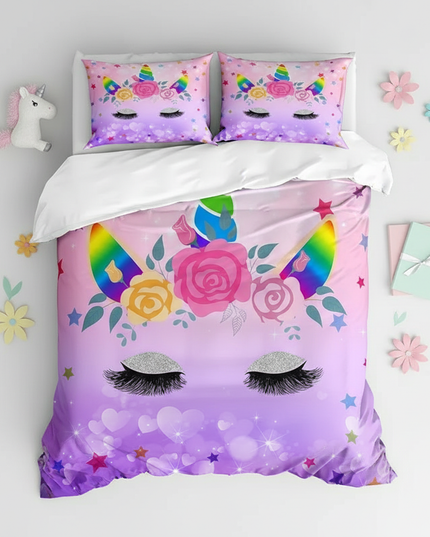 purple heart unicorn bedding - flat-lay
