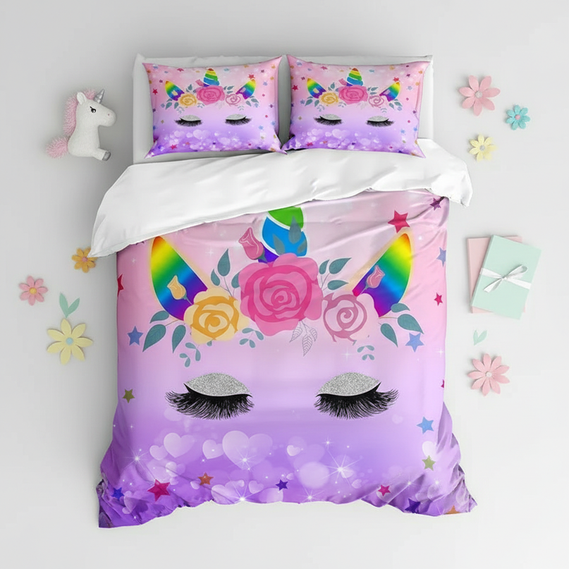purple heart unicorn bedding - flat-lay