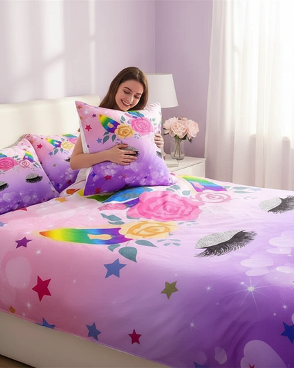 purple heart unicorn bedding - in-use