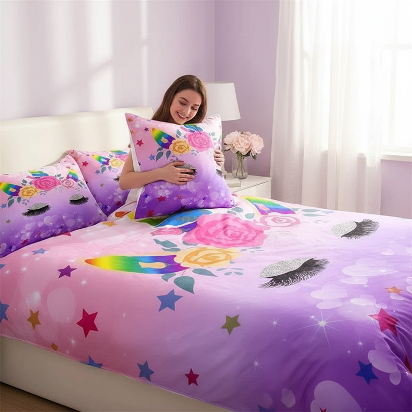 purple heart unicorn bedding - in-use