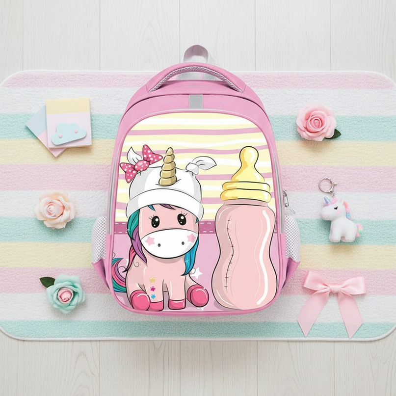 purple kawaii unicorn backpack - flat-lay