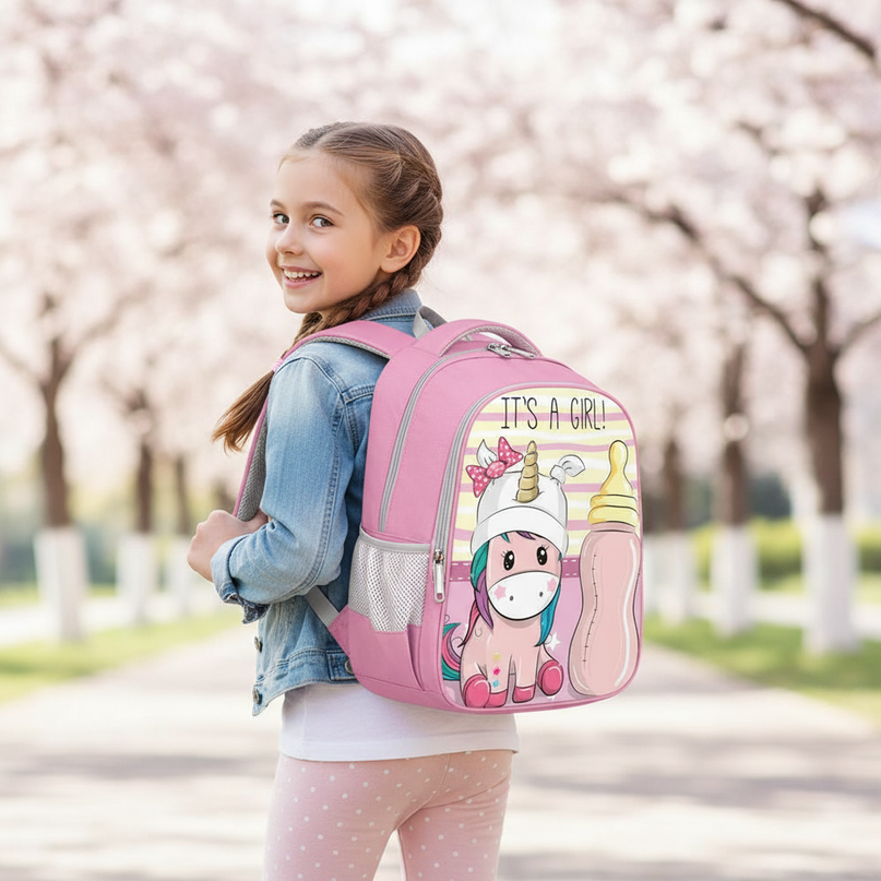 purple kawaii unicorn backpack - in-use
