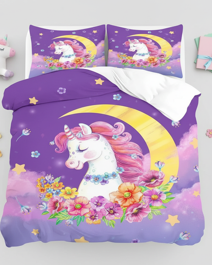 purple moon flower unicorn bedding - flat-lay
