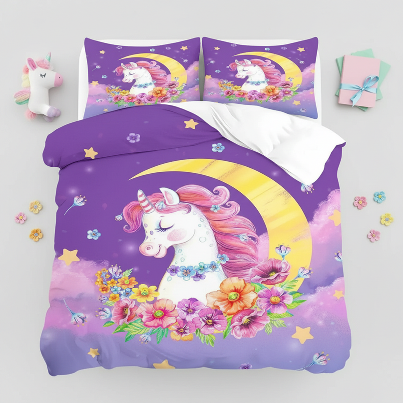 purple moon flower unicorn bedding - flat-lay
