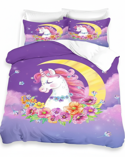 purple moon flower unicorn bedding - white-bg