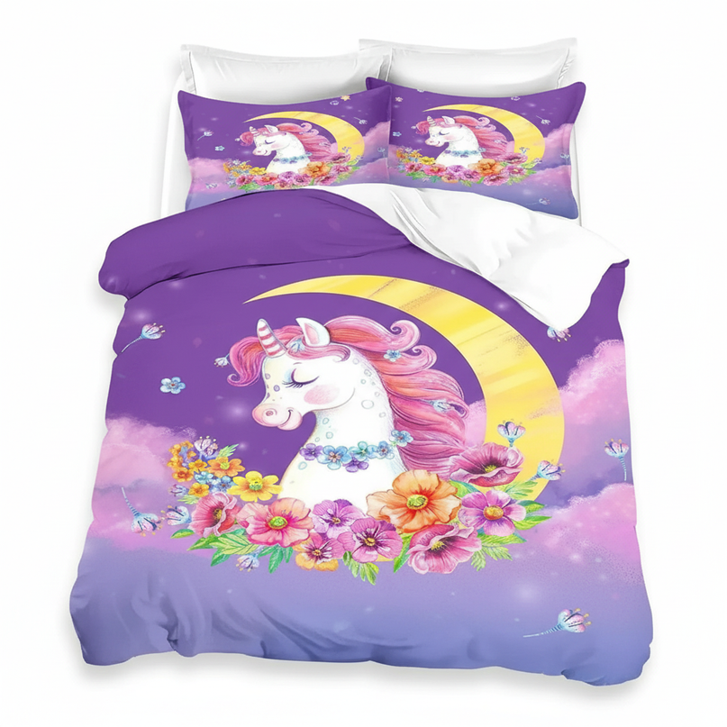 purple moon flower unicorn bedding - white-bg