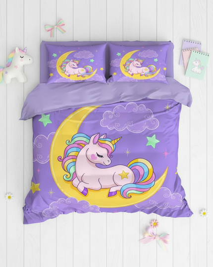 purple moon unicorn bedding - flat-lay