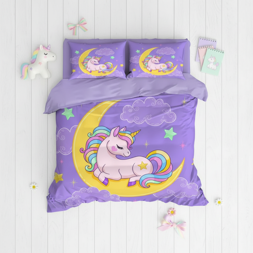 purple moon unicorn bedding - flat-lay