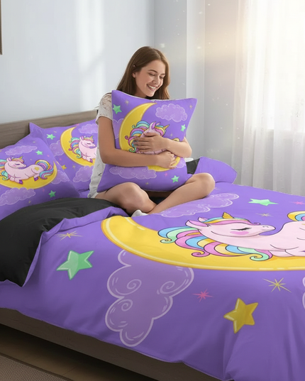 purple moon unicorn bedding - in-use