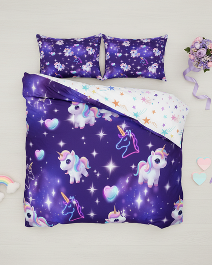 purple neon chibi unicorn bedding - flat-lay