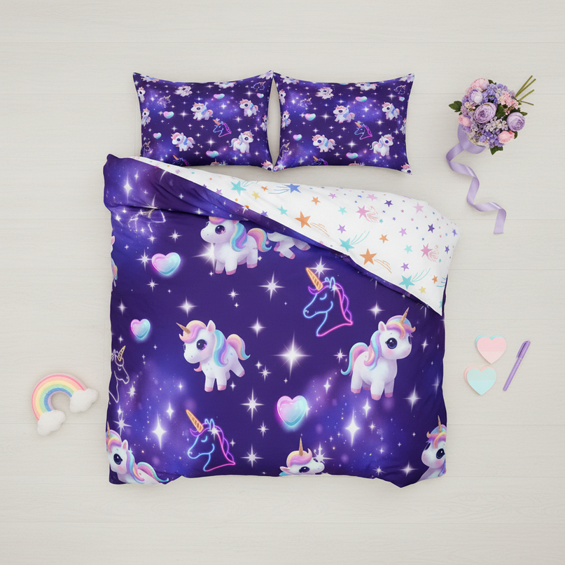 purple neon chibi unicorn bedding - flat-lay