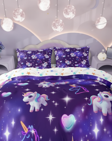 purple neon chibi unicorn bedding - lifestyle