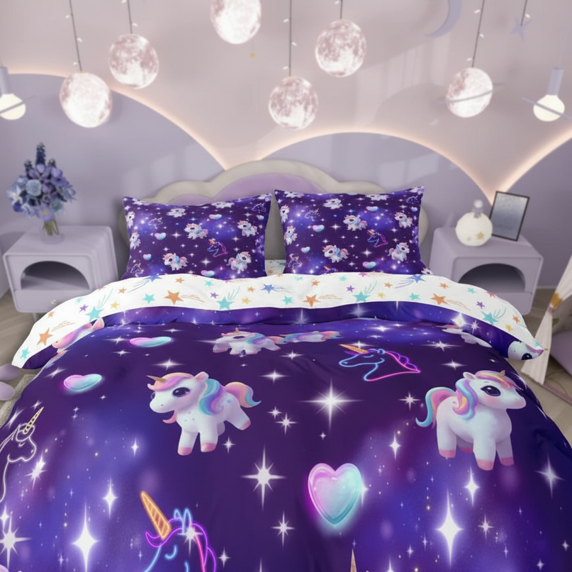purple neon chibi unicorn bedding - lifestyle