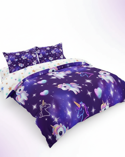 purple neon chibi unicorn bedding - white-bg