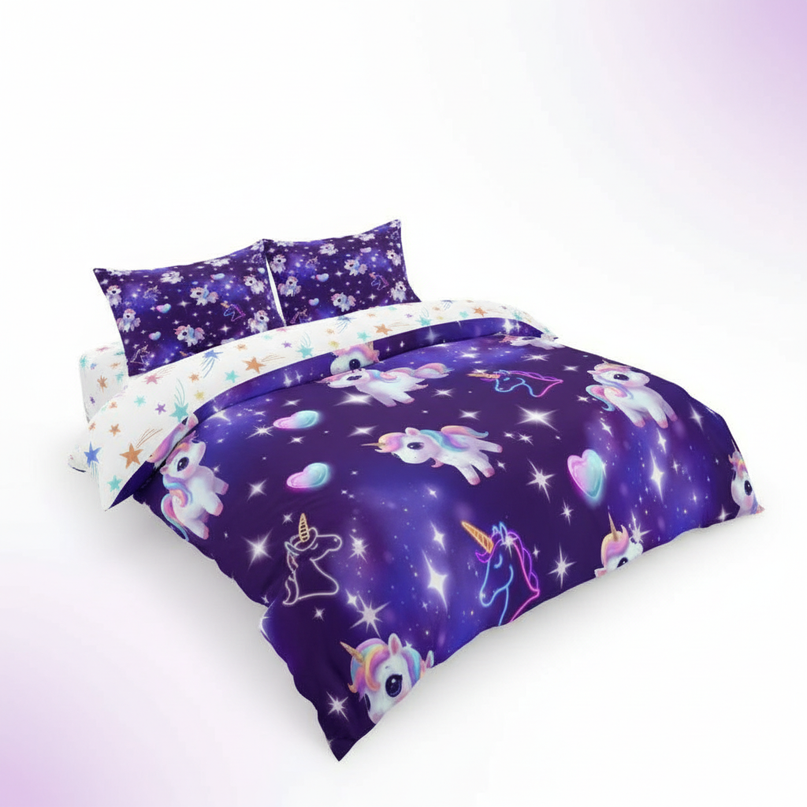 purple neon chibi unicorn bedding - white-bg