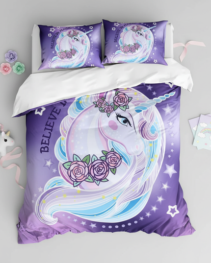 purple rose crown unicorn bedding - flat-lay