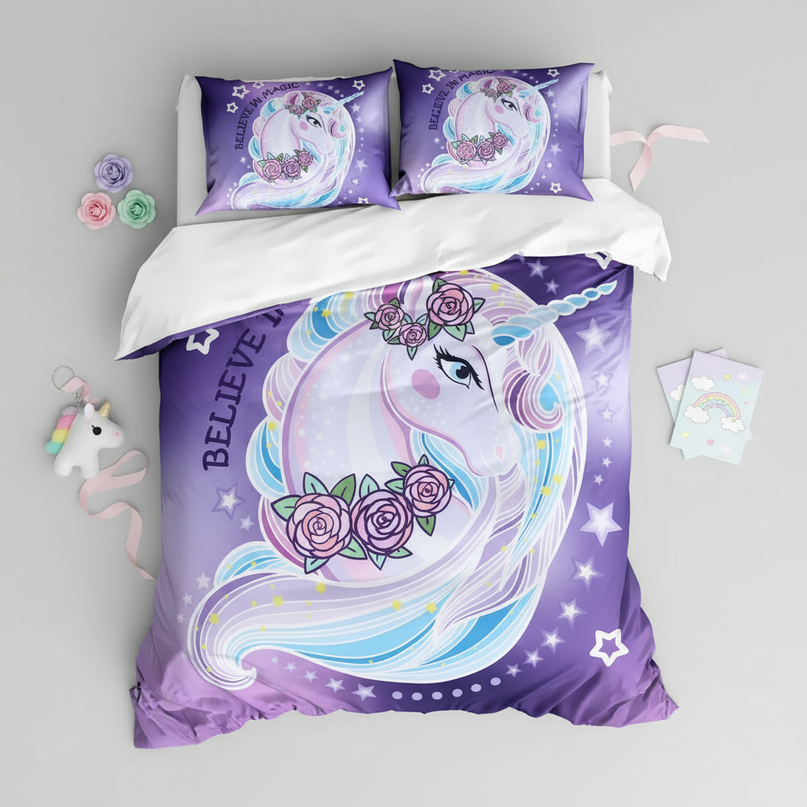 purple rose crown unicorn bedding - flat-lay