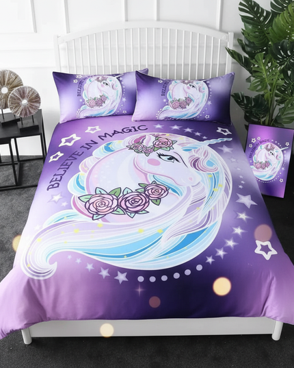 purple rose crown unicorn bedding - lifestyle