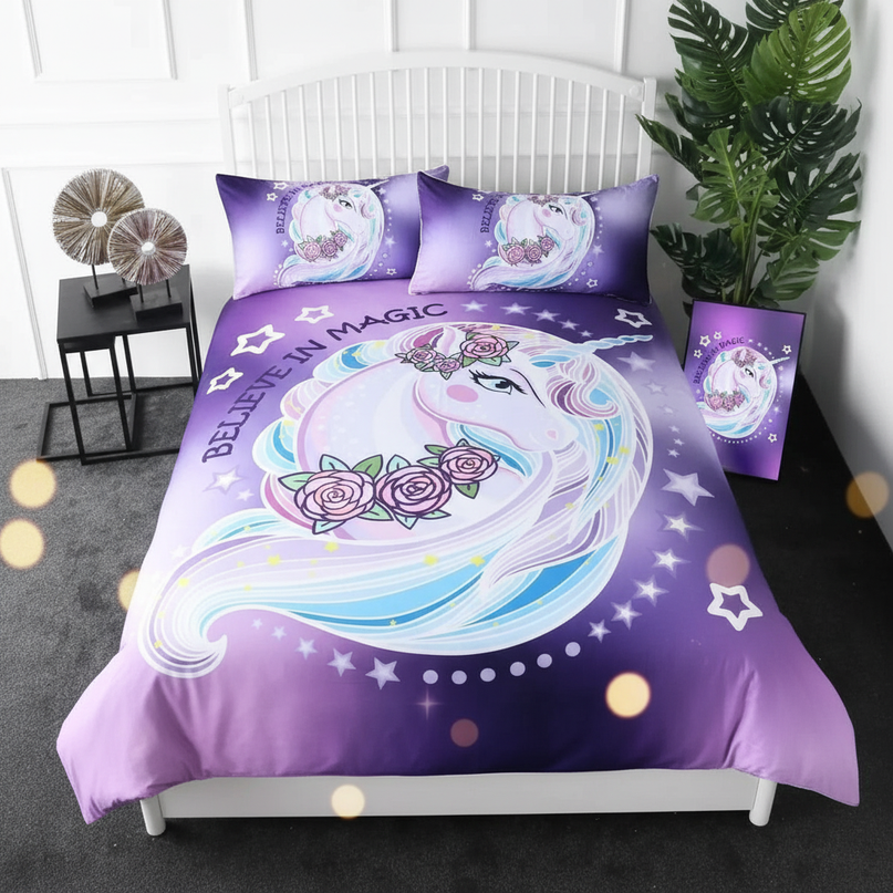 purple rose crown unicorn bedding - lifestyle