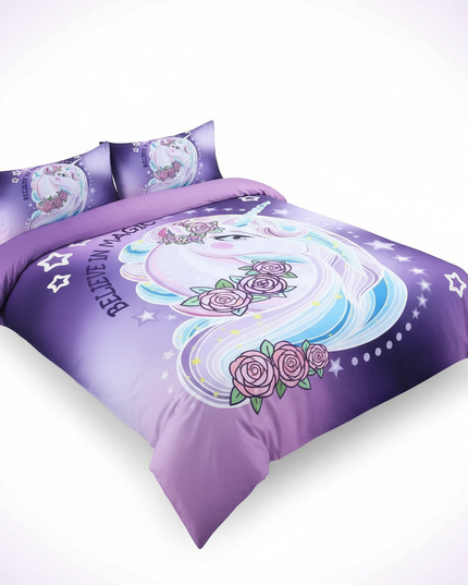 purple rose crown unicorn bedding - white-bg