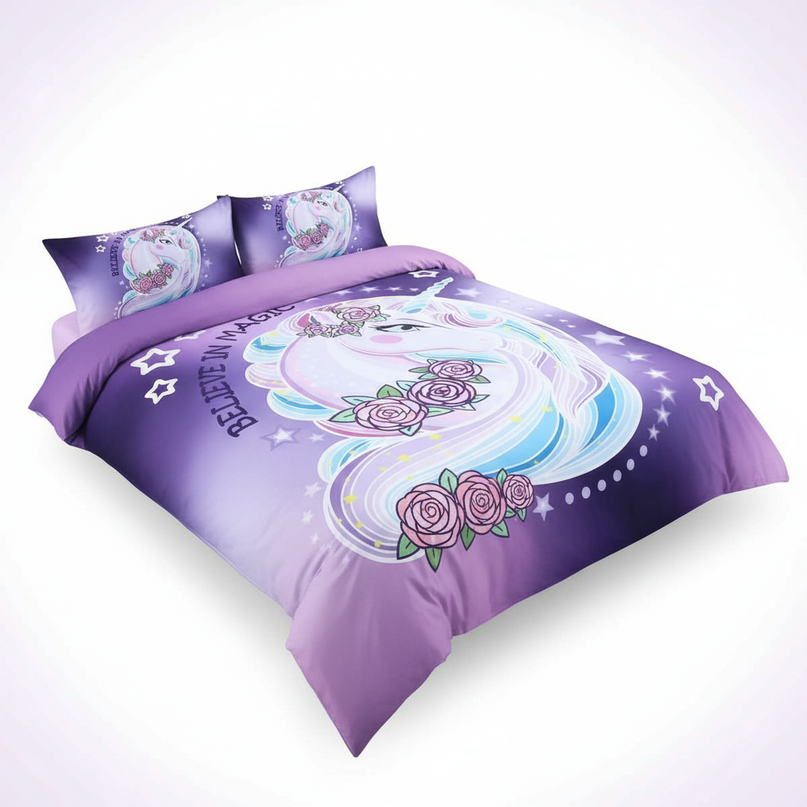 purple rose crown unicorn bedding - white-bg