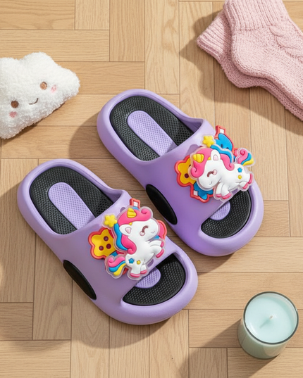 purple rotating unicorn slippers - flat-lay