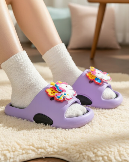 purple rotating unicorn slippers - in-use