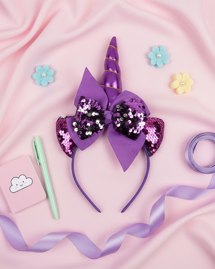 purple sequin unicorn headband - flat-lay