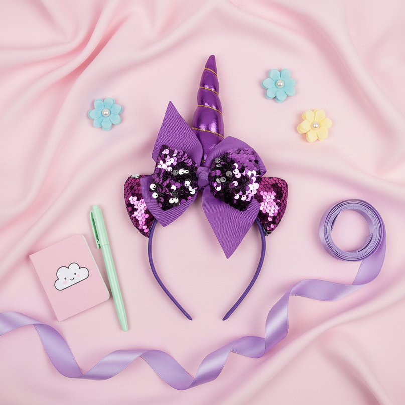purple sequin unicorn headband - flat-lay