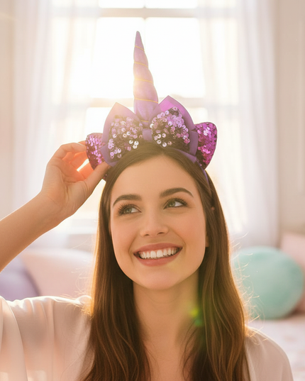 purple sequin unicorn headband - in-use