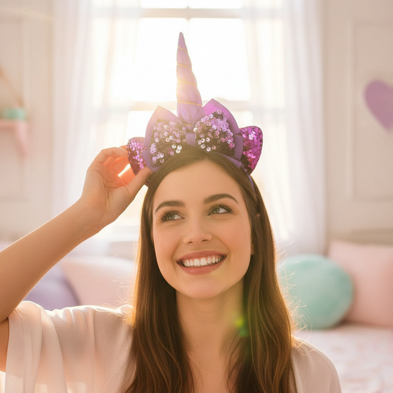 purple sequin unicorn headband - in-use