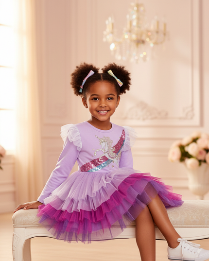 purple sequin unicorn tutu dress girls - sitting