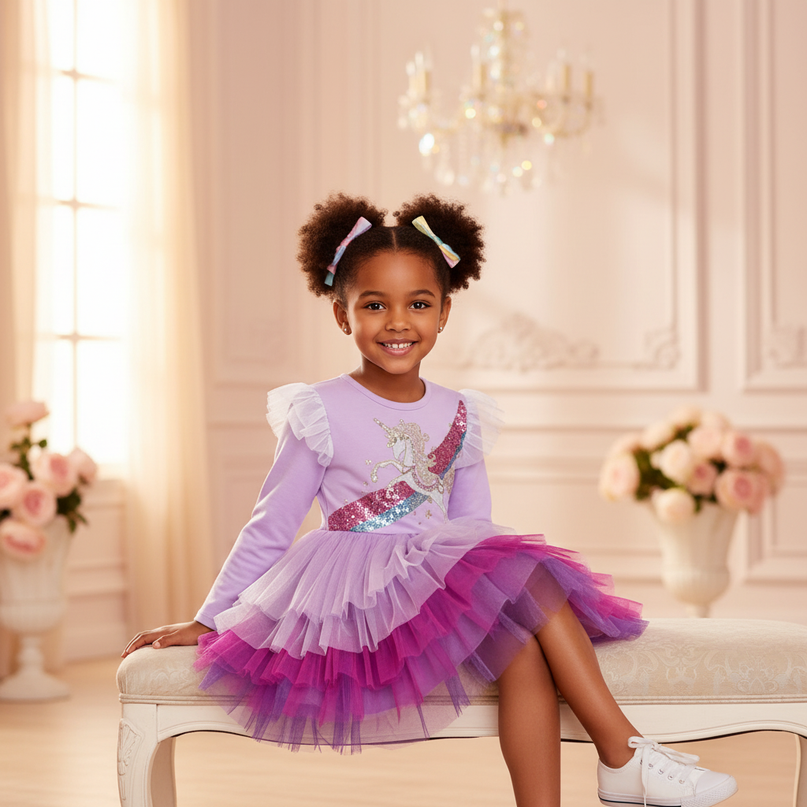 purple sequin unicorn tutu dress girls - sitting