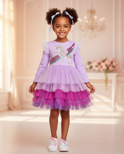 purple sequin unicorn tutu dress girls - three-quarter