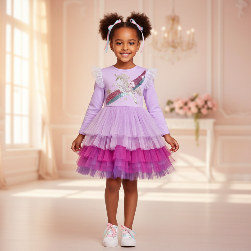 purple sequin unicorn tutu dress girls - three-quarter
