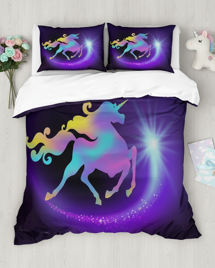 purple silhouette unicorn bedding - flat-lay