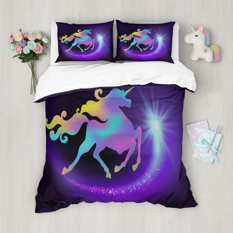 purple silhouette unicorn bedding - flat-lay