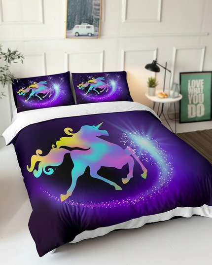 purple silhouette unicorn bedding - lifestyle