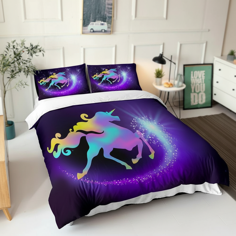 purple silhouette unicorn bedding - lifestyle