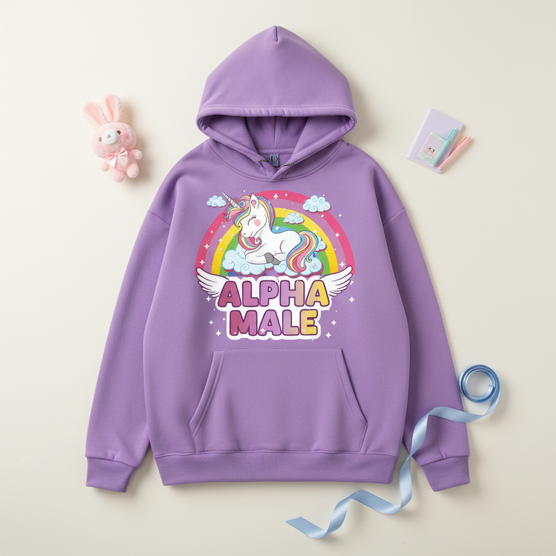 purple sleeping unicorn hoodie - flat-lay