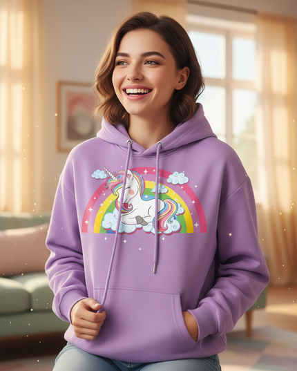 purple sleeping unicorn hoodie - in-use