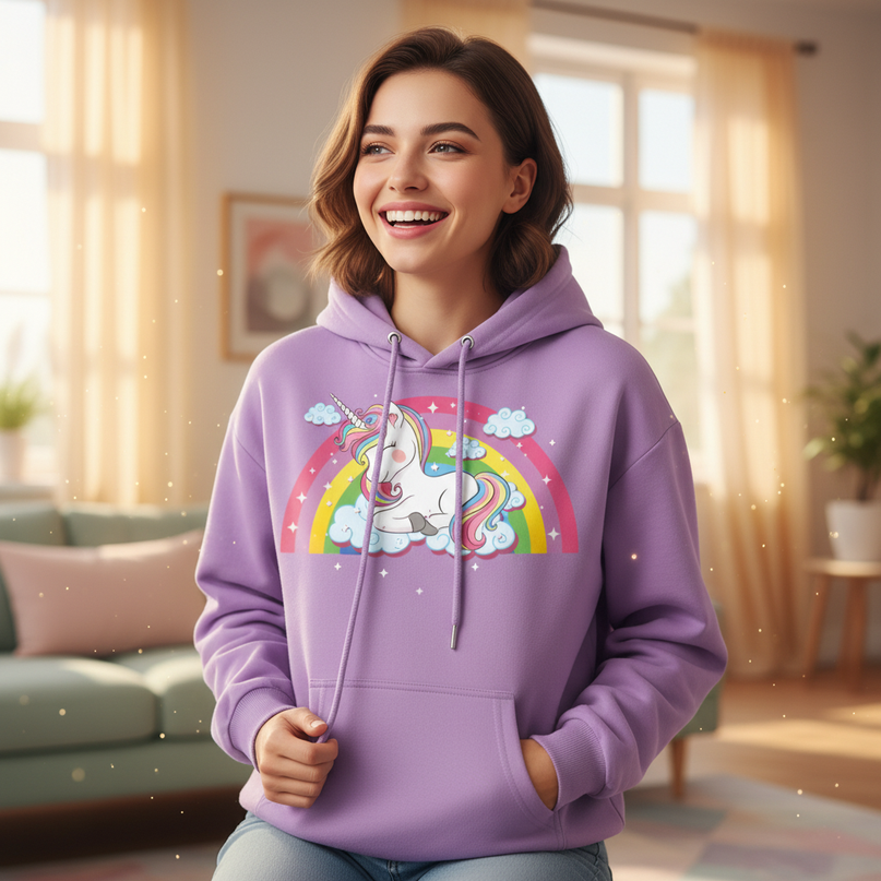 purple sleeping unicorn hoodie - in-use