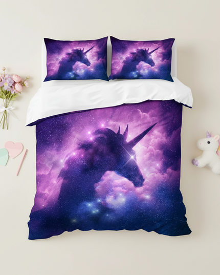 purple stardust unicorn bedding - flat-lay