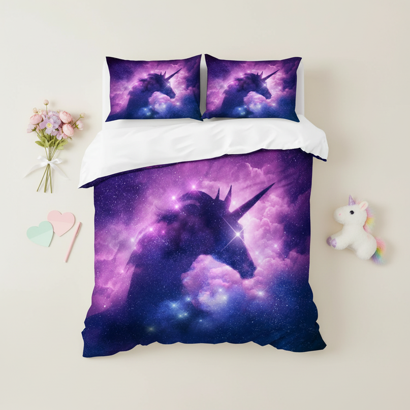 purple stardust unicorn bedding - flat-lay