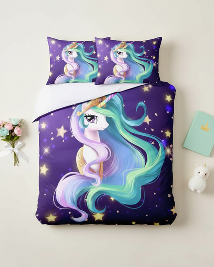 purple starry mane unicorn bedding - flat-lay