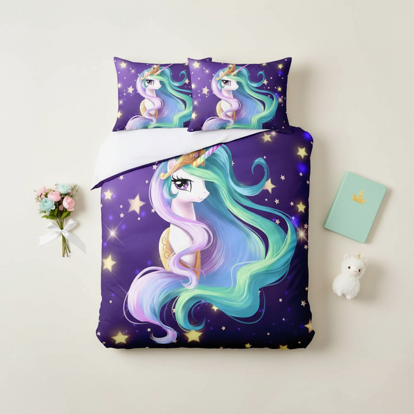 purple starry mane unicorn bedding - flat-lay