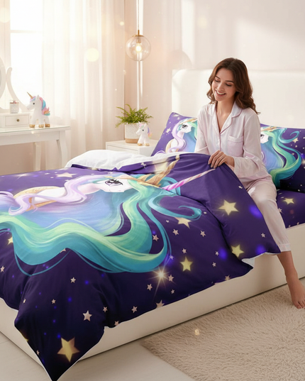 purple starry mane unicorn bedding - in-use