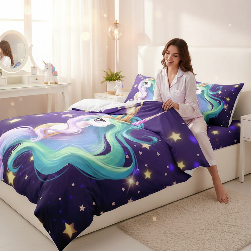 purple starry mane unicorn bedding - in-use