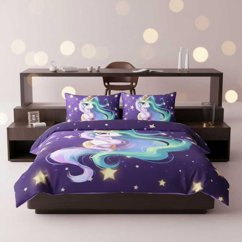 purple starry mane unicorn bedding - lifestyle
