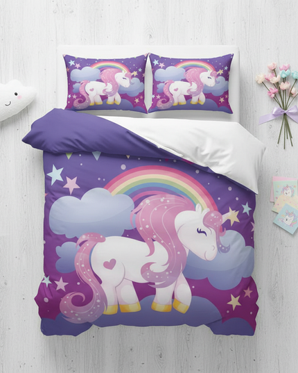 purple twin unicorn bedding - flat-lay